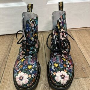 Dr. Martens Floral Print Combat Boots - Black and Multicolor
